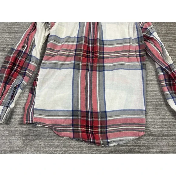 Arizona Top Womens Small Multicolor Plaid Metallic Snap Up Roll Tab Long Sleeve - Picture 9 of 12